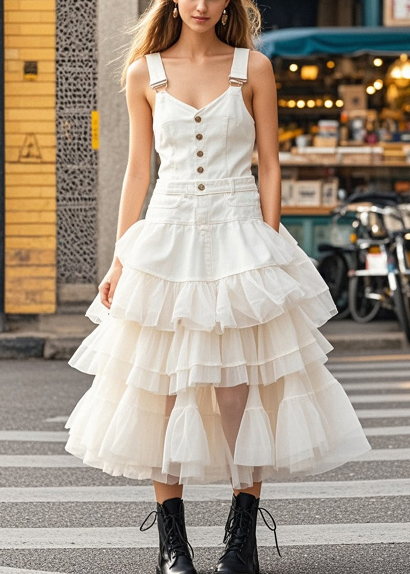 White Layered Tulle Patchwork Denim Dress Summer