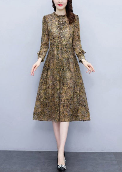 Ruffled Print High Waist Chiffon Dress Long Sleeve