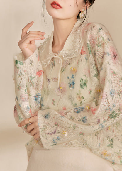 Apricot Peter Pan Collar Print Hollow Out Sequins Cotton Knit Sweaters Winter