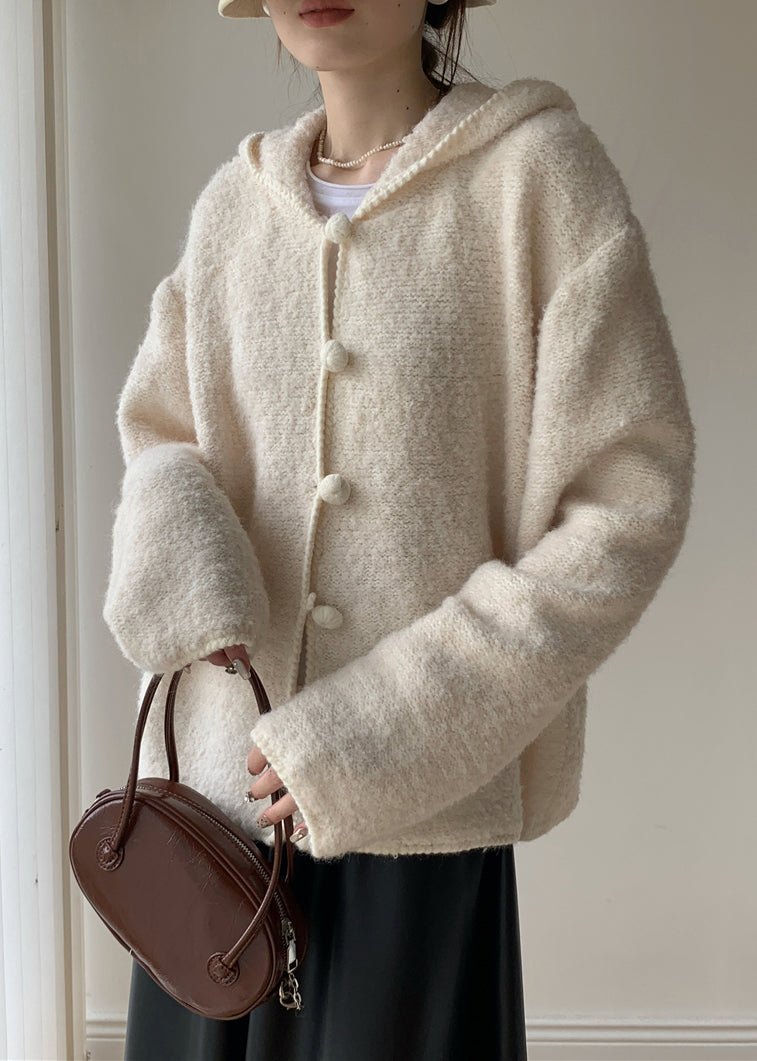 Loose Beige Hooded Button Cotton Knit Coat Winter