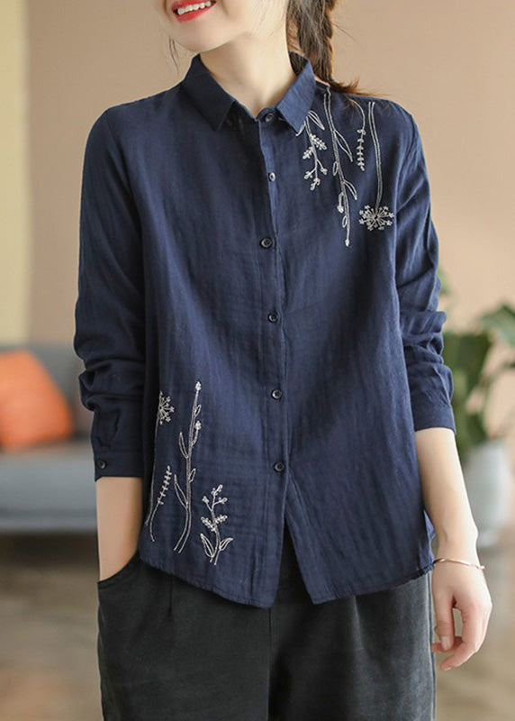 Navy Blue Embroidered Cotton Shirt Spring