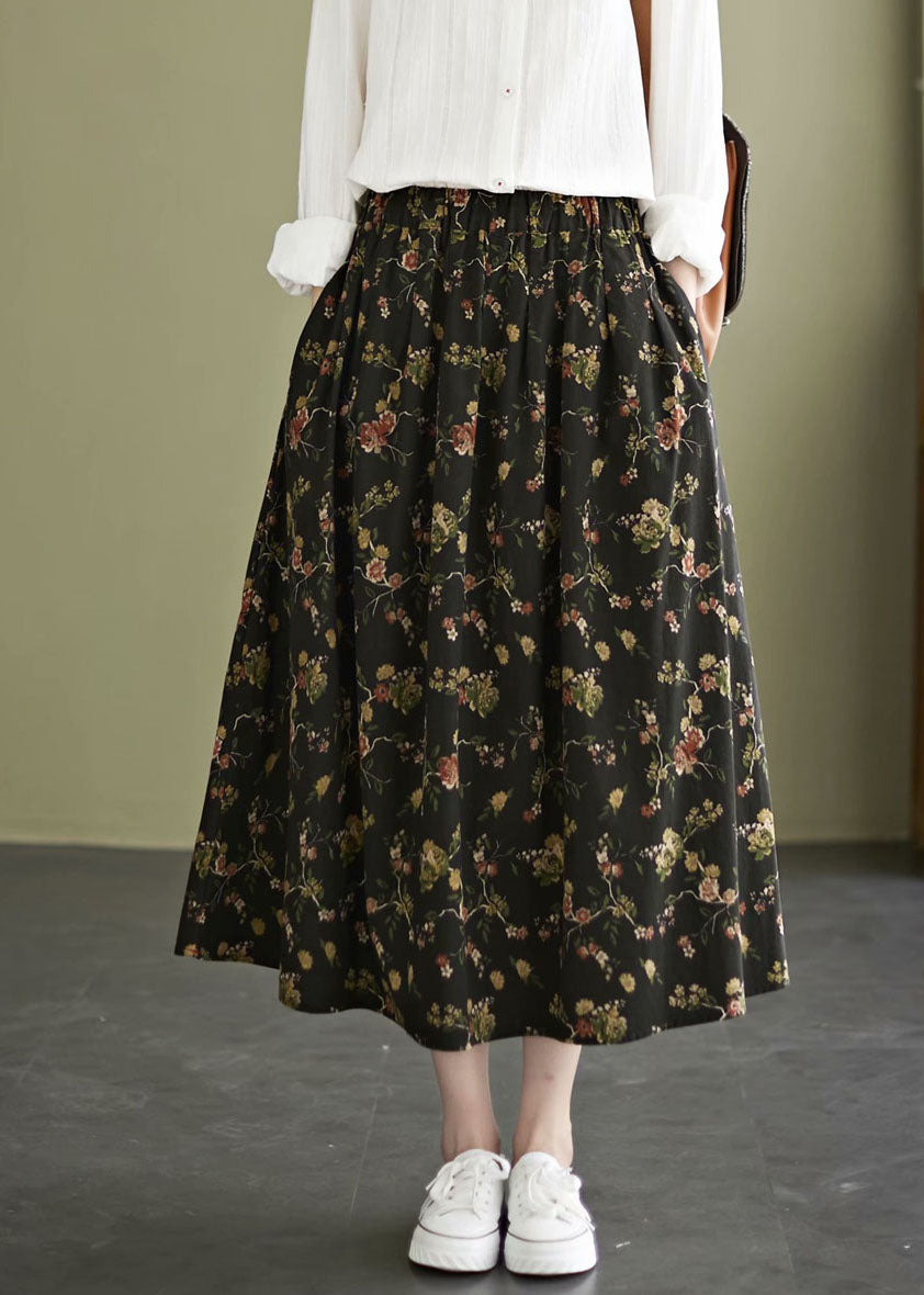 Black Print Cotton a Line Skirt Exra Large Hem Pockets Fall