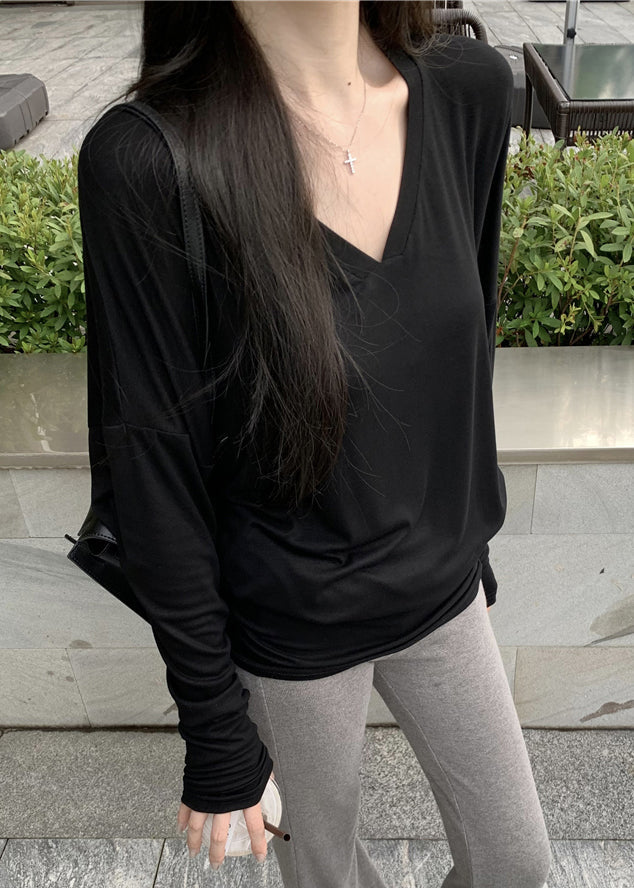 Loose Black Cozy Cotton T Shirts Batwing Sleeve