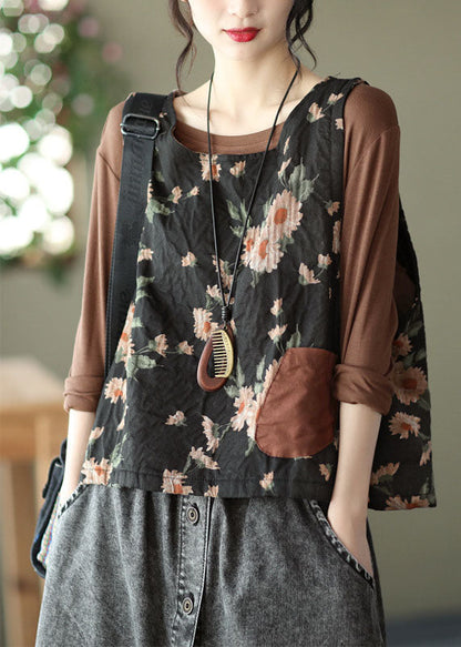 Unique Black O-neck Print Linen Vest Sleeveless