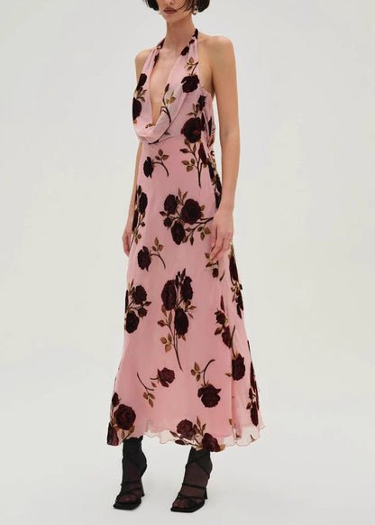 Pink Rose Tulle Backless Halter Dress Sleeveless