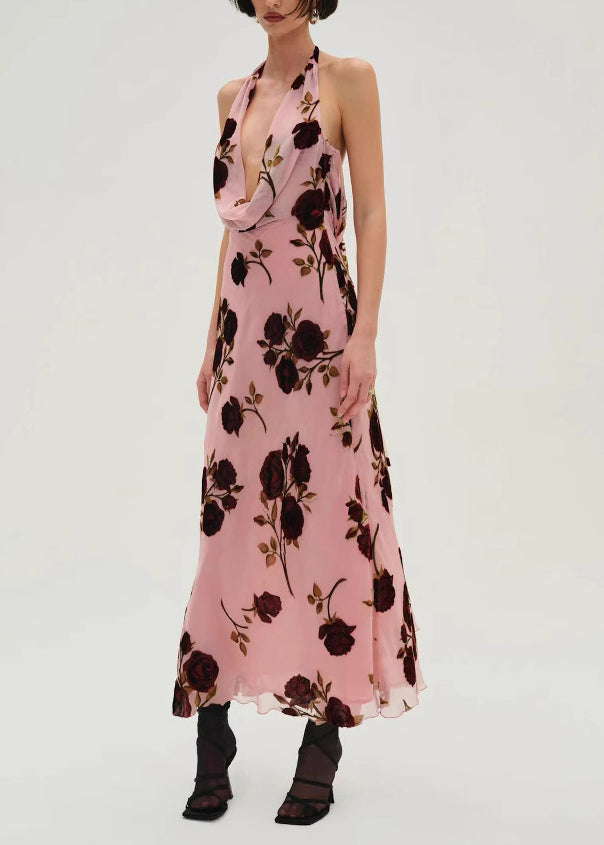 Pink Rose Tulle Backless Halter Dress Sleeveless
