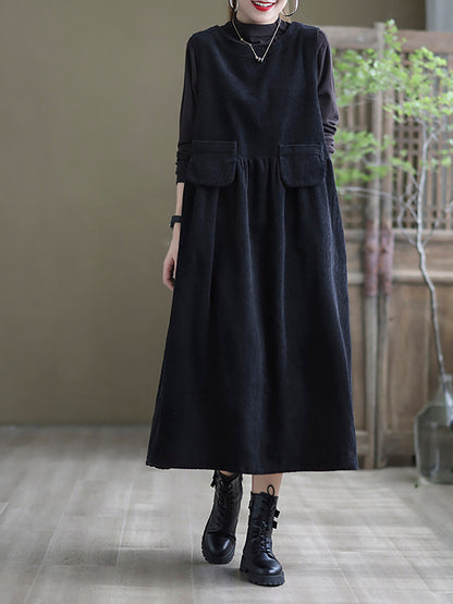 - Corduroy Pocket Sleeveless Pinafore Dress
