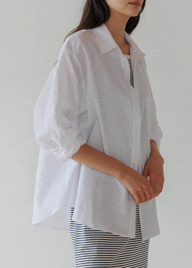 Loose Blue Peter Pan Collar Pockets Button Cotton Shirt Spring