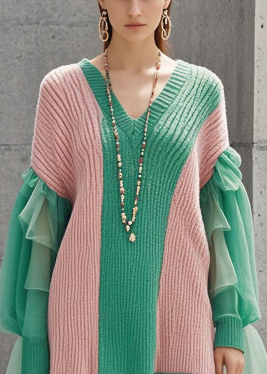 Colorblock V Neck Patchwork Tulle Knitwear Dress Fall