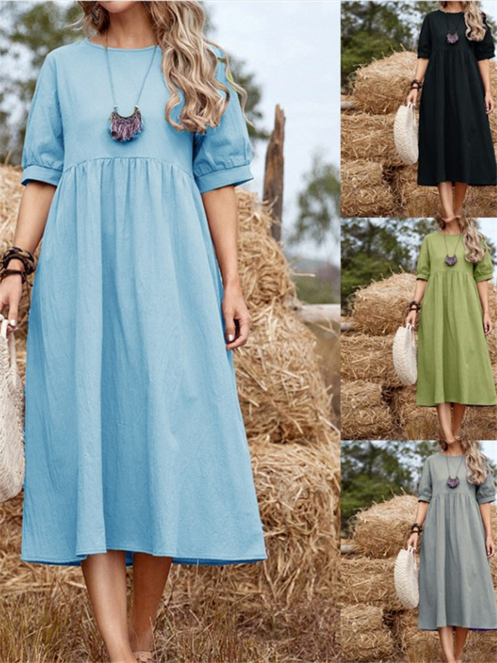 High Waist Round Neck Color Loose Waist Mid-length Skirt Cotton Linen Dress A-line Dress