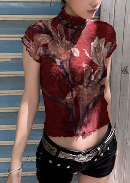 Red Turtleneck Ruffled Print T Shirt Short Sleeve
