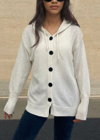 Style White Hooded Button Knit Loose Coat Fall
