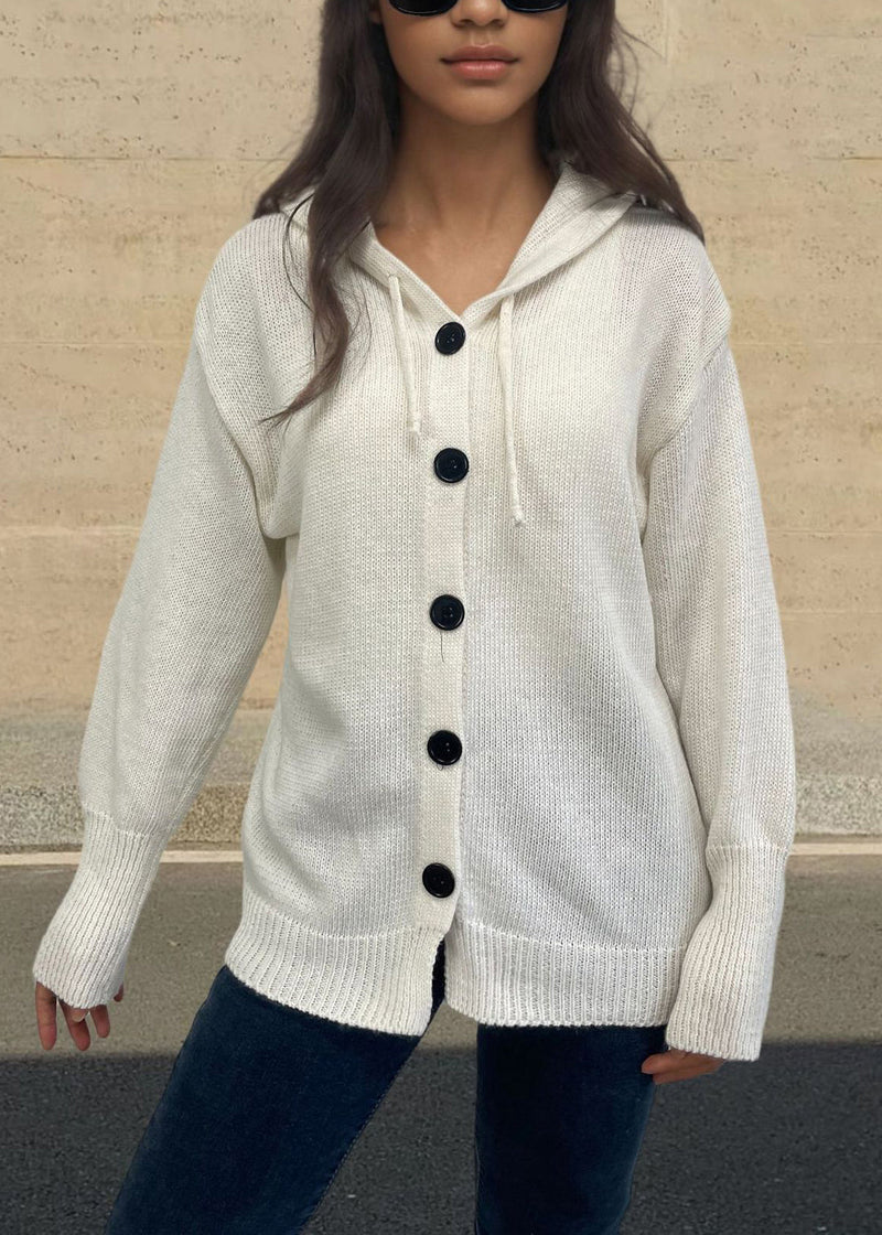 Style White Hooded Button Knit Loose Coat Fall