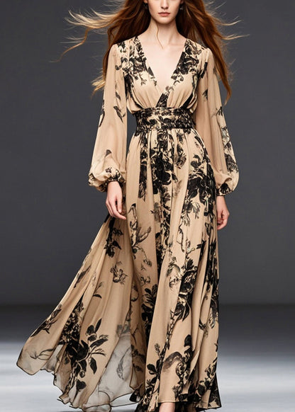 Khaki Cinched Print Chiffon Dresses Fall