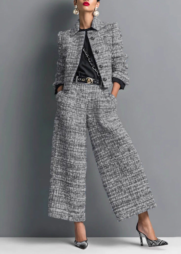 French Black Coat and Pants Cotton Two Pieces Set Fall
