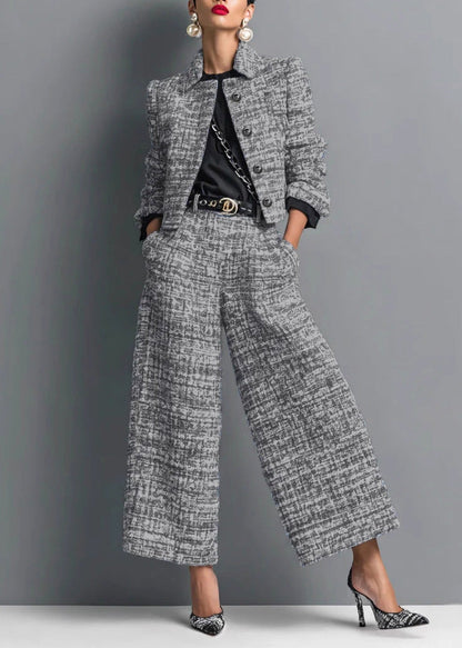 French Black Coat and Pants Cotton Two Pieces Set Fall