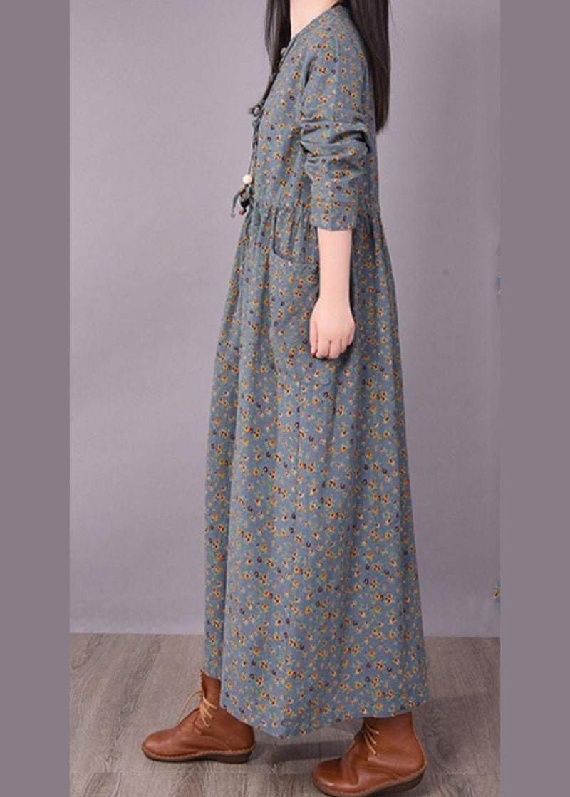 Grey Linen a Line Dresses Tie Waist Cinched Pocket Long Sleeve