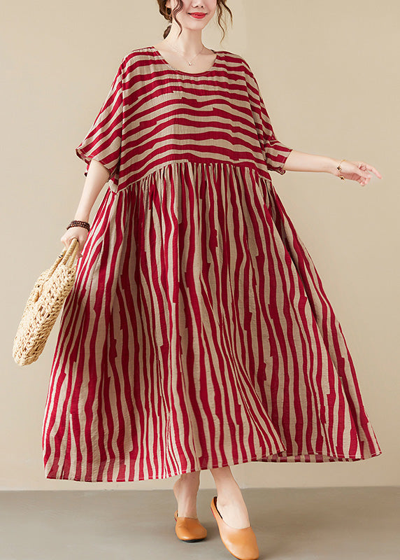 Vogue Red Striped O-neck Long Dresses Short Sleeve
