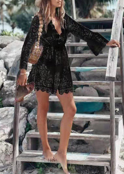 White V Neck Hollow Out Lace Mid Dress Flare Sleeve