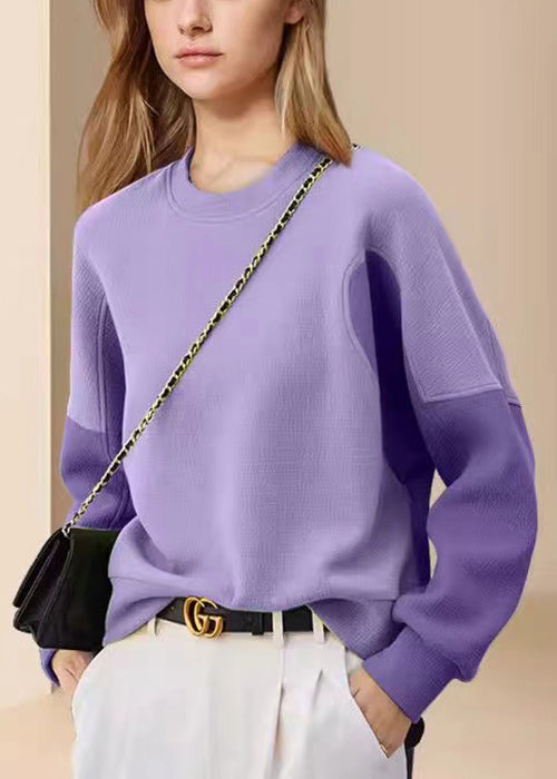 Purple O Neck Patchwork Cotton Sweatshirt Fall