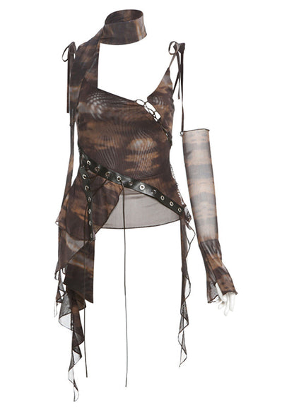 American Design Brown Asymmetrical Design Tulle Camisole Top