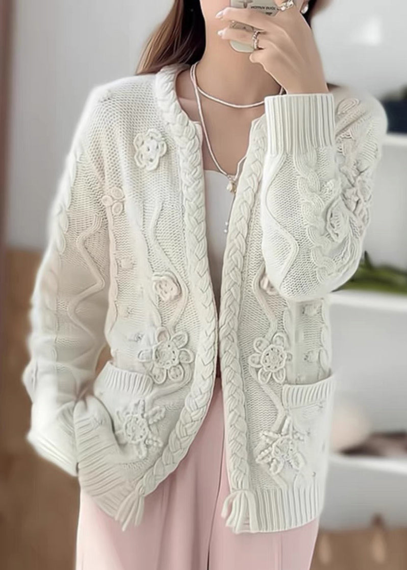 Handmade Camel Pockets Cable Knit Woolen Cardigans Spring