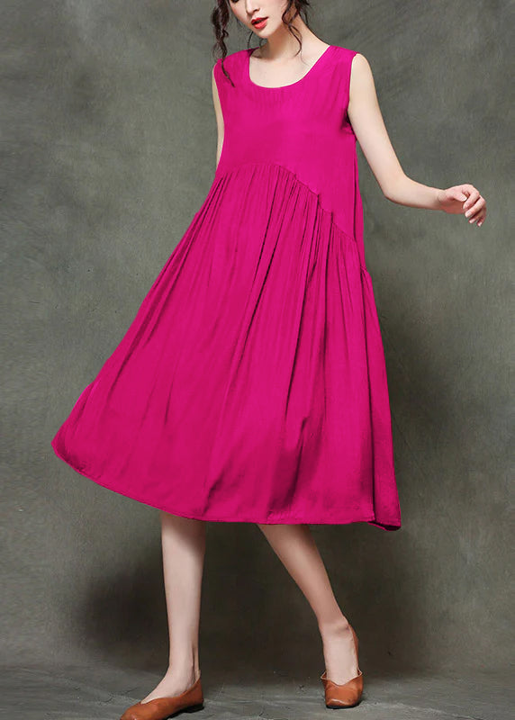Rose O-neck Wrinkled Long Dresses Sleeveless