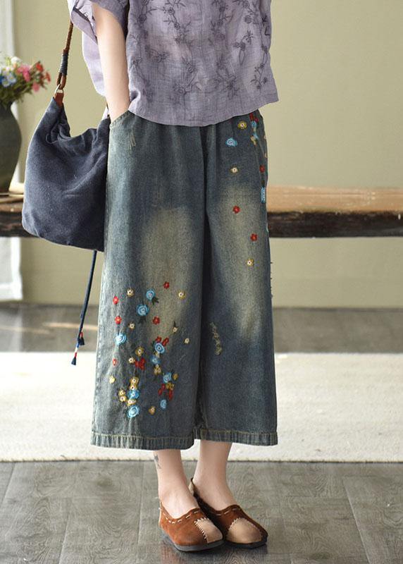 Comfy Grey Embroidered Wide Leg Denim Pants for