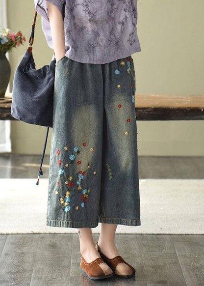 Comfy Dark Color Embroidered Hole Wide Leg Denim Pants