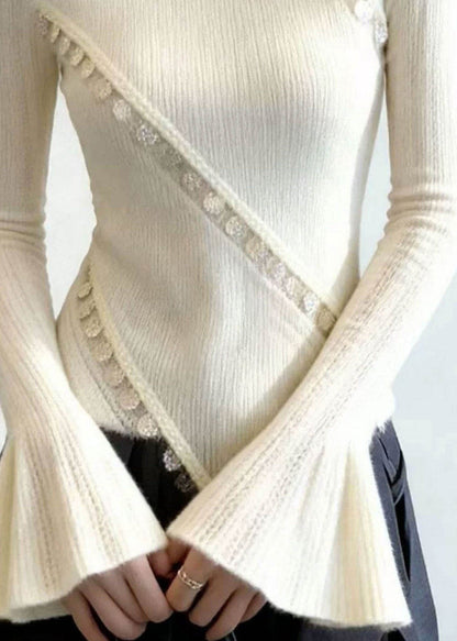 French White O Neck Patchwork Knit Sweater Top Flare Sleeve