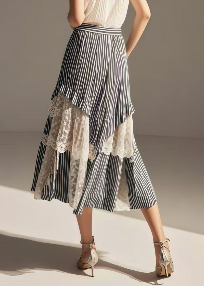 Blue Striped Asymmetrical Patchwork Lace Skirts Summer