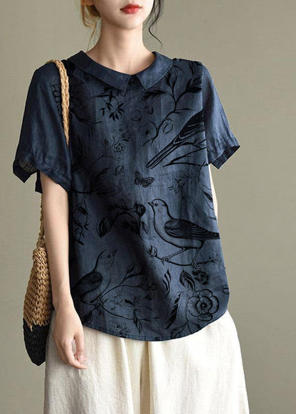 Simple Blue Hem Peter Pan Collar Patchwork Summer Linen Blouses