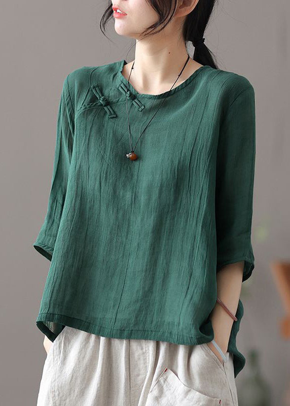 New Blackish Green Button Linen Shirts Half Sleeve