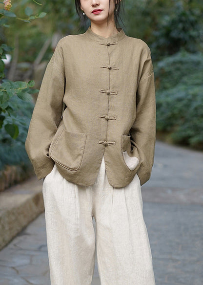 Chinese Style Stand Collar Pockets Oriental Button Linen Coat Spring