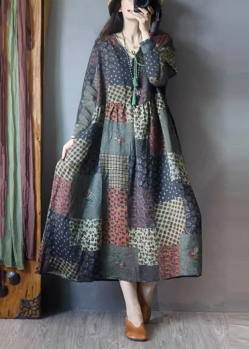V Neck Wrinkled Patchwork Linen Maxi Dresses Long Sleeve