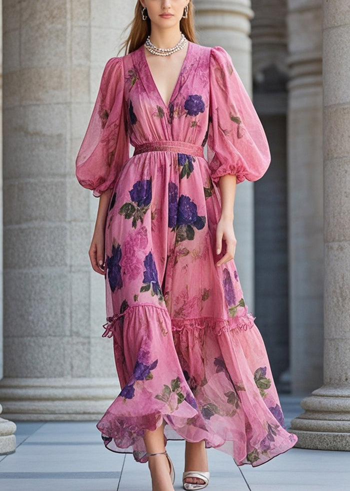 Rose Cinched Print Chiffon Robe Dresses Summer