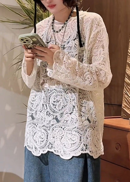 Stylish White O-neck Hollow Out Lace T Shirt Spring