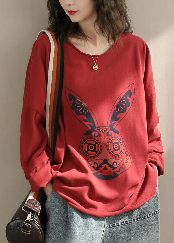 Red O Neck Print Cotton T Shirt Spring