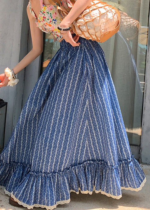 Blue Ruffled Print Elastic Waist Cotton Maxi Skirts Summer