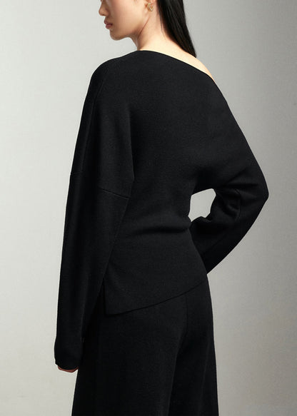 Black Slash Neck Woolen Sweaters Batwing Sleeve