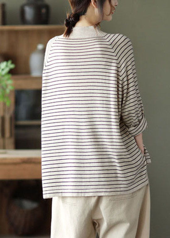 Beige Striped Loose Knit Shirt Spring