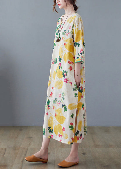 Yellow Side Open O-neck Print Cotton Loose Dress Three Quarter Sleeve