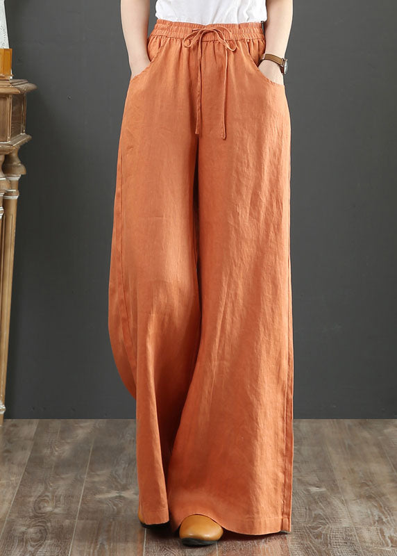Orange-print3 Elastic Waist Linen Straight Pants Color Drawstring Summer