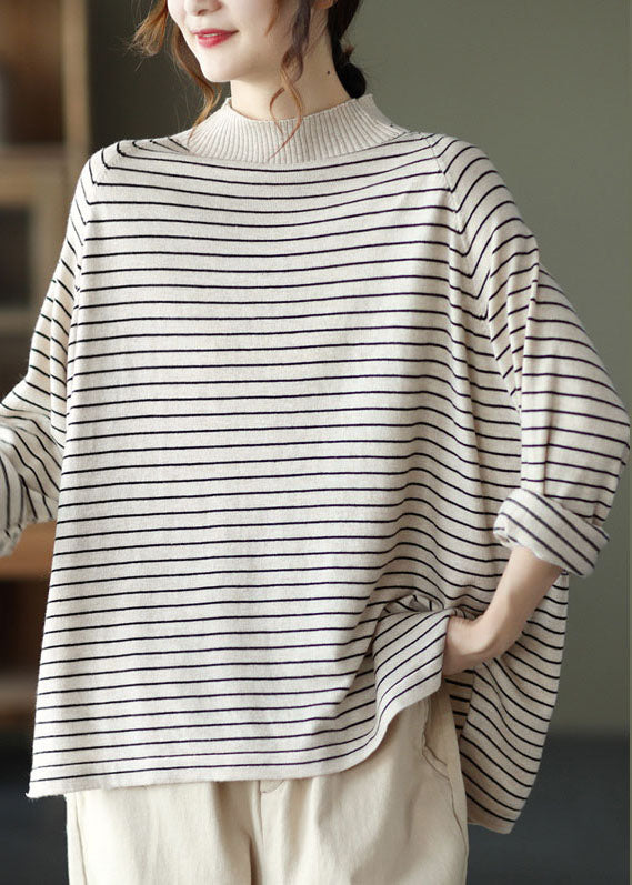 Beige Striped Loose Knit Shirt Spring