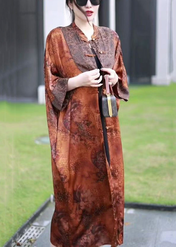 Loose Orange Button Patchwork Thin Silk Long Coats Bracelet Sleeve