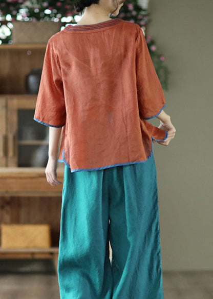 Handmade Caramel V Neck Embroidered Tie Waist Linen Top Half Sleeve