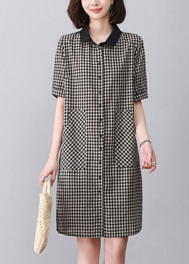 Black Plaid Side Open Mid Dresses Short Sleeve