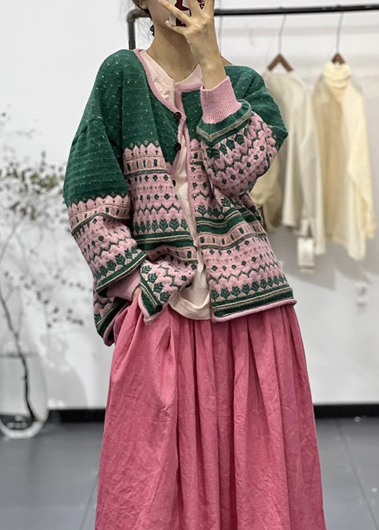 Green O Neck Embroideried Button Knit Cardigans Fall
