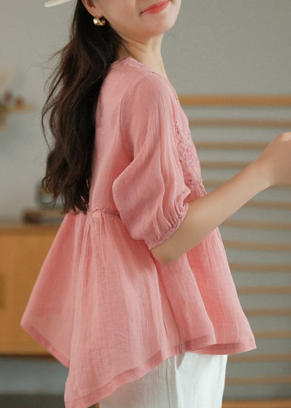 White V Neck Embroidered Patchwork Button Linen Shirt Half Sleeve