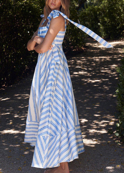 Modern Blue Striped Lace Up Cotton Spaghetti Strap Dress Summer